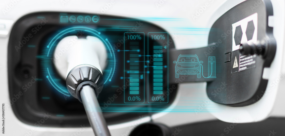 Electric vehicle charging battery EV car power with plug cable for vehicle clean energy and eco green power, ecology, electric car, environment, hybrid, plug in.technology electricity car concept Electric vehicle charging battery EV car power with plug cable for vehicle clean energy and eco green power, ecology, electric car, environment, hybrid, plug in.technology electricity car concept