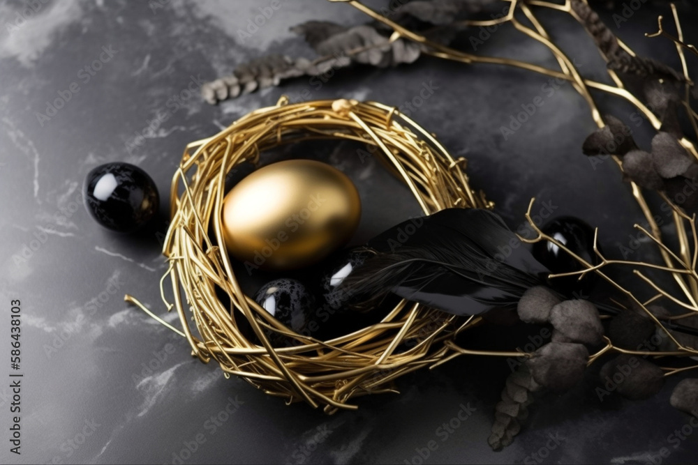 Obraz premium A gold easter egg and a gold leaf on a black background Generative ai