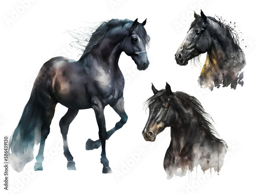 Watercolor black horse. Generative ai  PNG transparent