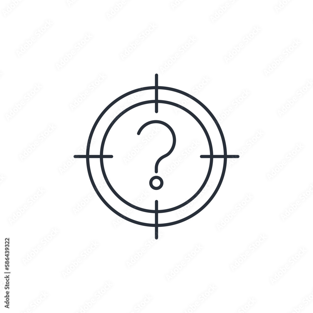 Target and question mark. Unknown, incomprehensible target. Vector linear icon isolated on white background. Target and question mark. Unknown, incomprehensible target. Vector linear icon isolated on white background.