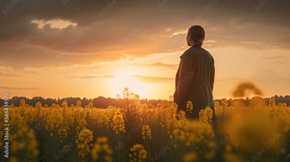 Fototapeta premium Lady in the flower field at sunset