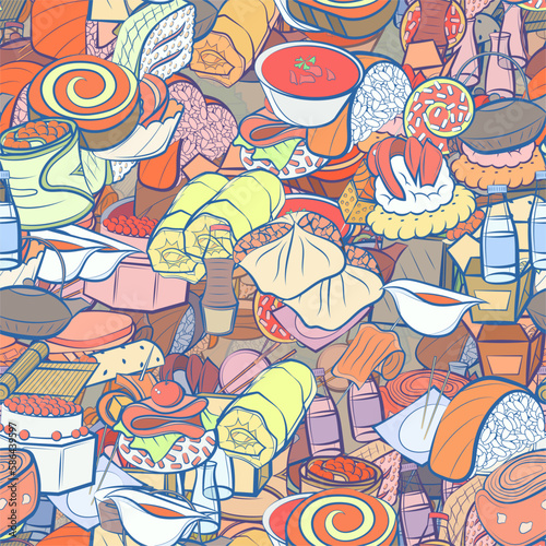 Background pattern abstract design texture. Seamless. Snacks and Japanese food. Theme is about roll salmon, sweet, delivery, sauce cup, liquids, dough, lettuce leaf, topping, caviar, wand