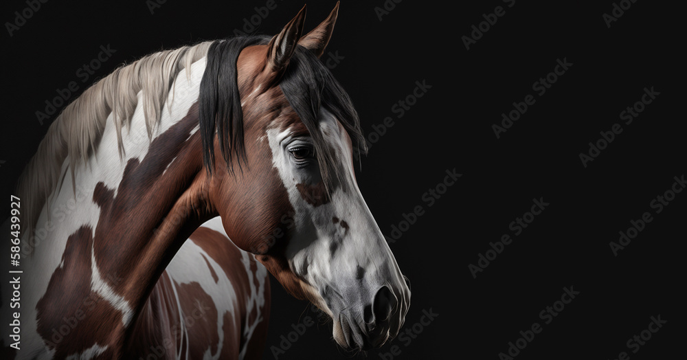 Beautiful pinto horse portrait on black background - obrazy, fototapety, plakaty 