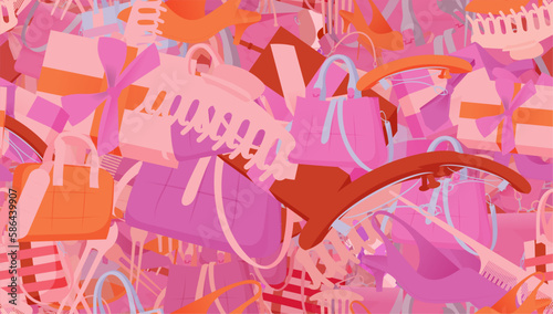 Background pattern abstract design texture. Seamless. Theme is about platform heels, birthday, surprise, comb, illustration, giftbox, casual, many, stuff, gift, wrap, raker, slingback shoes