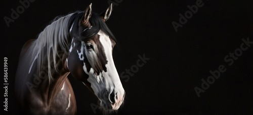 Beautiful pinto horse portrait on black background