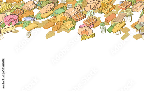 Background pattern abstract design texture. Bakery products and Table setting. Horizontal seamless stripe. Border frame, transparent background. Theme is about cheese, spoon, folded, two-layer