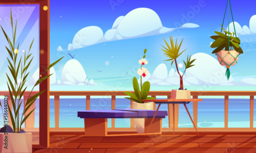 Beach house balcony with Mediterranean seascape view. Vector cartoon illustration of beautiful wooden terrace decorated with potted flowers, orchid on table, calm water surface, birds flying in sky