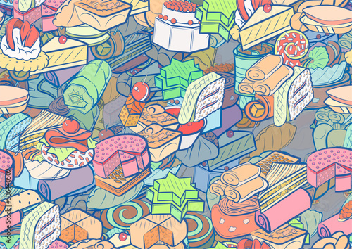 Background pattern abstract design texture. Seamless. Snacks and Bakery products. Theme is about covered, topping, cut, sweetness, salad, crab meat, spiral, lettuce leaf, cherry, star, fried