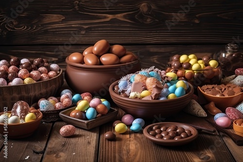 festive table with colorful bowls filled with chocolate eggs. Generative AI