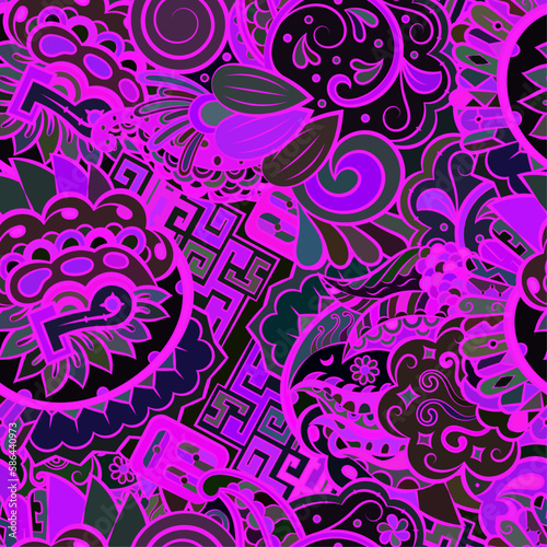 Tracery seamless pattern. Mehndi design. Dark sharp colors. Ethnic doodle texture. Curved doodling background. Vector