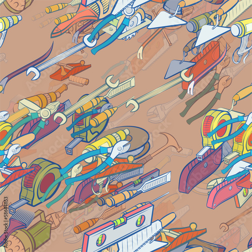 Background pattern abstract design texture. Seamless. Repair and Building tools. Theme is about plane, drawing, woodworking, forceful effect, water pipes, leveling, rolls down, roulette