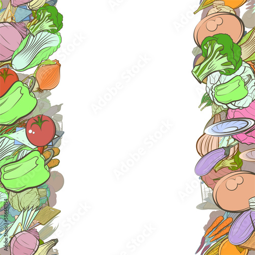 Background pattern abstract design texture. Table setting and Health food. Vertical seamless stripes. Border frame, transparent background. Theme is about cooking, vitamin C, fork, onion feathers