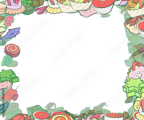 Background pattern abstract design texture. Seafood and Snacks. Border frame, transparent background. Theme is about salad, cake, biscuit, yummy, lettuce leaf, slice, salmon, claws, sausage