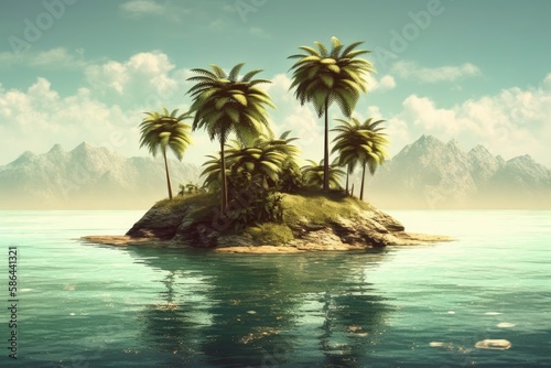 tropical island with three palm trees. Generative AI