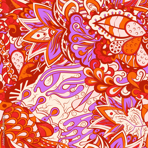 Tracery seamless pattern. Mehndi design. 6 colors. Ethnic doodle texture. Curved doodling background. Vector