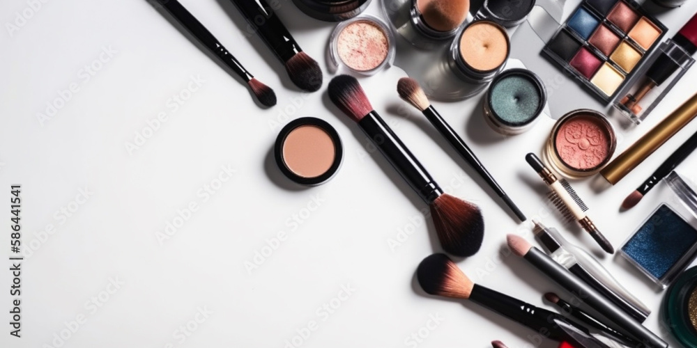 Makeup brush and decorative cosmetics on a white background with empty space top view Generative AI Makeup brush and decorative cosmetics on a white background with empty space top view Generative AI