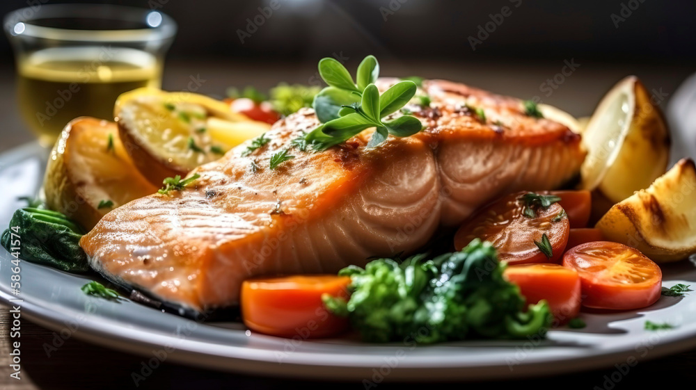Delight Your Senses with a Pan-Seared Salmon Steak and Buttered Potatoes with Greens