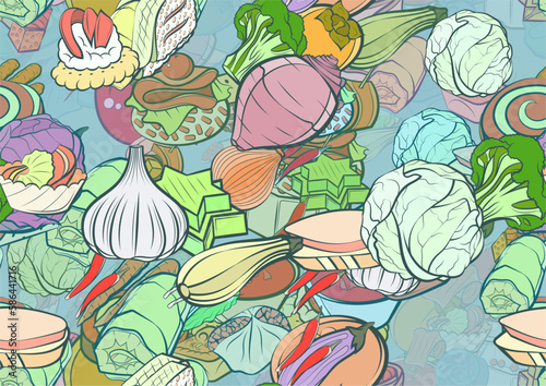 Background pattern abstract design texture. Seamless. Snacks and Health food. Theme is about cucumber, crab meat, satiety, a stack, small, white, whole garlic, healthy food, whole onion
