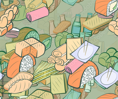 Background pattern abstract design texture. Seamless. Japanese food and Bakery products. Theme is about saturated with filling, packet, food delivery, tea, waffles, sushi-roll, mini buns