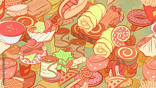 Background pattern abstract design texture. Seamless. American food and Snacks. Theme is about satiety, marshmallows, topping, cherry, fish, caviar, twisted, salmon, six-pointed, dough, loaf