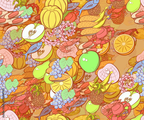 Background pattern abstract design texture. Seamless. Seafood and Fruits. Theme is about yummy, shrimp, pieces, royal, branch, Apple, octopus, lobules, tentacle, fetus, pear, orange, berries