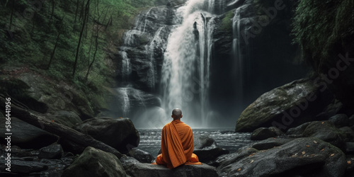 Monk meditates nature waterfall background. back view Generative AI