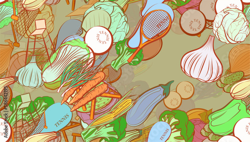 Background pattern abstract design texture. Seamless. Tennis and Health food. Theme is about vegetable, garlic head, egg, chair, red cabbage, glare, Caucasian, case, white, the harvest, pinch