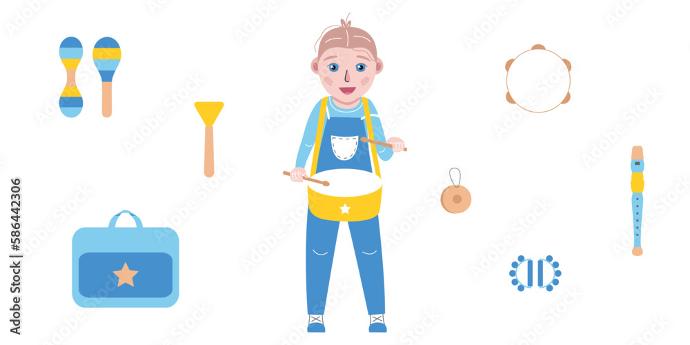 Hand drawn toy musical instruments for kids. Flat vector toddler in overall with drum illustration Hand drawn toy musical instruments for kids. Flat vector toddler in overall with drum illustration