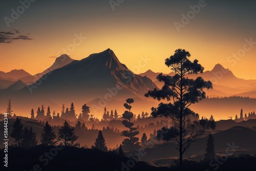Silhouette of mountains and trees against the backdrop of sunset or sunrise. Orange is the color of the sun. Picturesque nature. Generative AI 