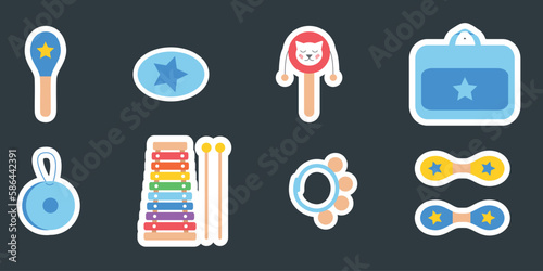 Hand drawn toy musical instruments for kids. Flat vector illustration for stickers