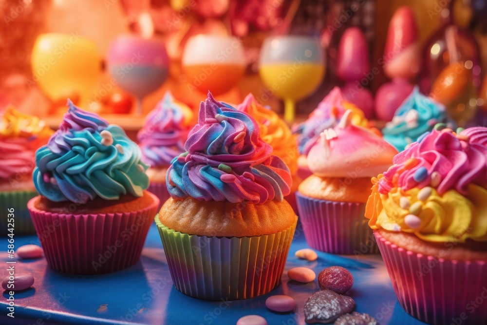 Whimsical Rainbow Cupcakes on a Rainbow Candy Land Fantasy background - Generative AI Illustration
