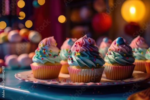 Whimsical Rainbow Cupcakes on a Rainbow Candy Land Fantasy background - Generative AI Illustration  © AI Visual Vault