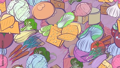Background pattern abstract design texture. Seamless. Cheeses and Health food. Theme is about tart, heads, in the leaves, cob, hot peppers, red cabbage, share, thinly sliced, healthy food