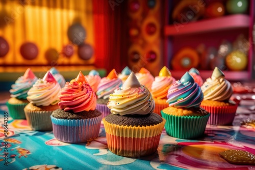 Whimsical Rainbow Cupcakes on a Rainbow Candy Land Fantasy background - Generative AI Illustration 