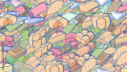 Background pattern abstract design texture. Seamless. Table setting and Bakery products. Theme is about table set, strudel, cheesecake, divided, waffles, lush, two-layer, slice, spoon, salt shaker