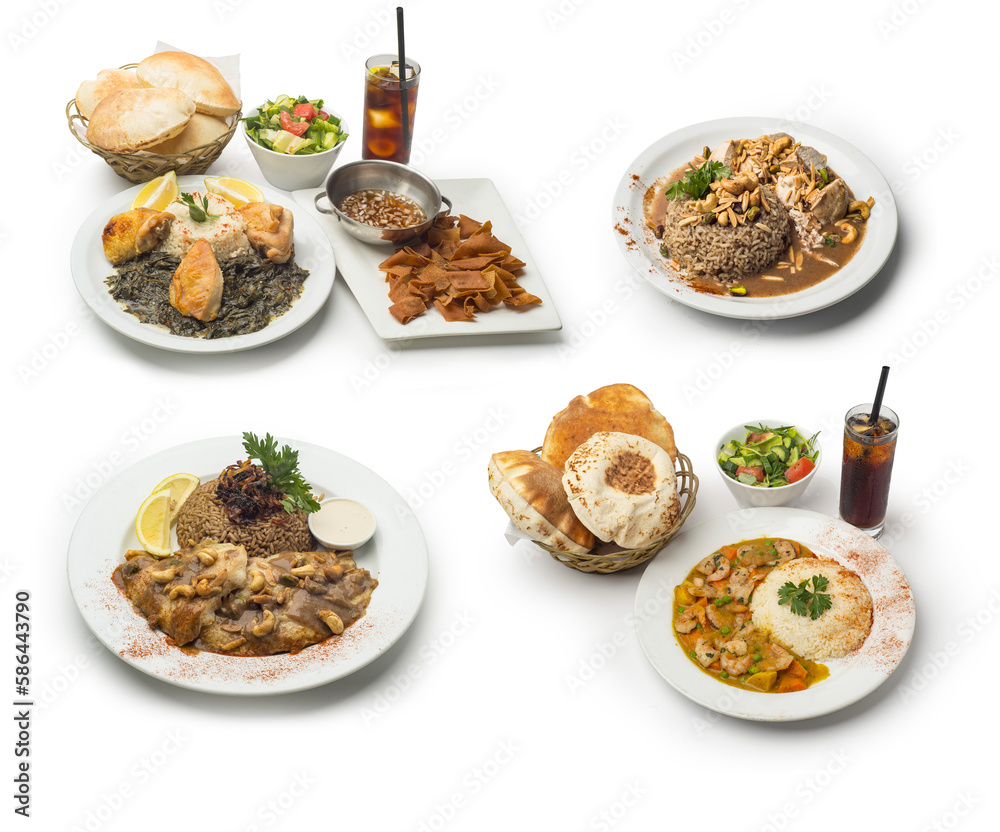 Set of Lebanese main dish Oriental Rice with chicken, Chicken Curry