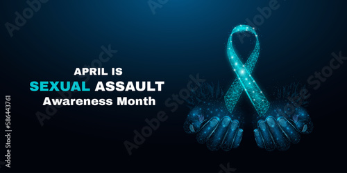 Sexual assault awareness day concept. Two human hands are holds teal ribbon awareness. Wireframe glowing low poly. Vector illustration