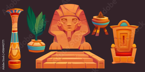 Tutankhamen throne, and stairs ancient Egypt set. Pharaoh temple interior elements for civilization game ui interface on dark background. Archeology cartoon sculpture, column and plant collection.