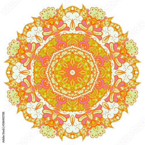 Mandala. Tracery wheel image. Mehndi design. Ethnic doodle art. Curved doodling picture. Vector