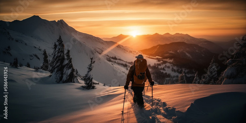 a backcountry skiing man, making his way down the mountain, sunset on the top Generative AI