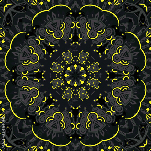 Seamless tile texture. Tracery mehndi design image. Dark toxic colors. Ethnic doodle art. Curved doodling picture. Vector
