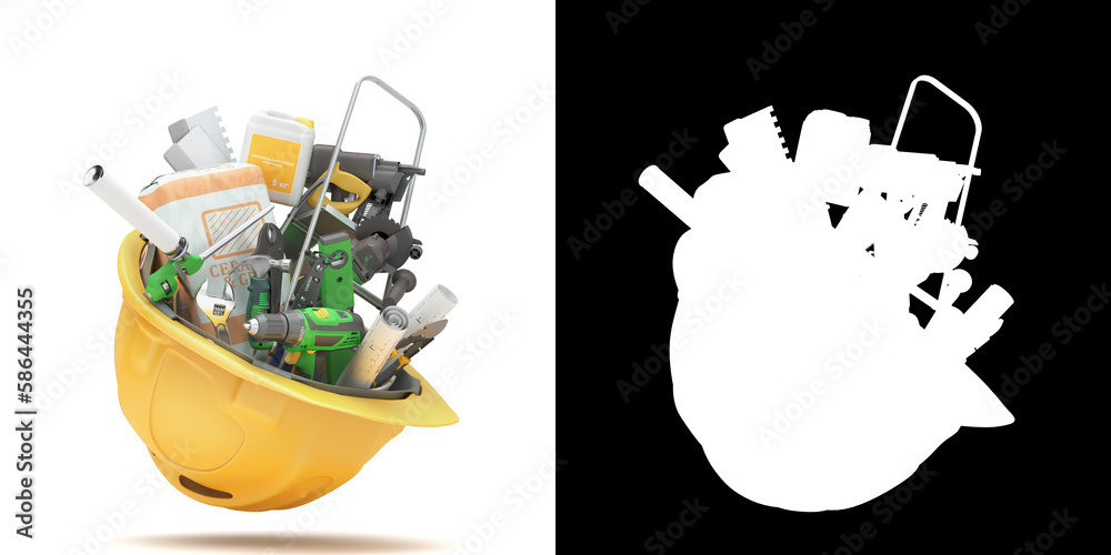 different tools set inside the helmet concept of repair tools warehouse promotion 3d render on white with alpha different tools set inside the helmet concept of repair tools warehouse promotion 3d render on white with alpha