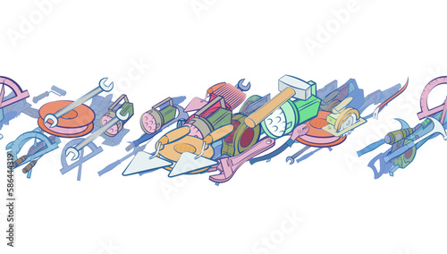 Background pattern abstract design texture. Building tools and Repair. Horizontal seamless stripe. Border frame, transparent background. Theme is about paint roller, folding, nailing, sawing
