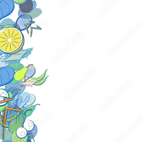 Background pattern abstract design texture. Tennis and Fruits. Vertical seamless stripe. Border frame, transparent background. Theme is about whole, clip, pineapple, table, cut, pear, grapes