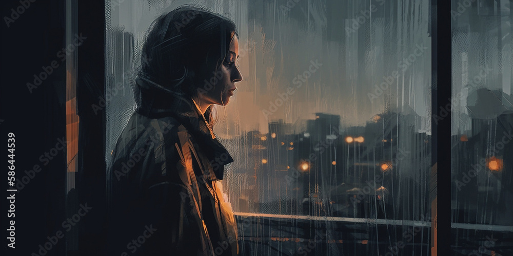 depression, woman standing alone in a dimly lit room, staring out of a rain-soaked window, the city Generative AI
