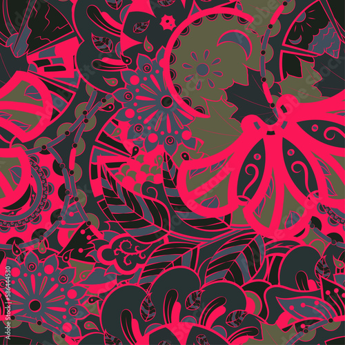 Tracery seamless pattern. Mehndi design. Dark sharp colors. 6 colors. Ethnic doodle texture. Curved doodling background. Vector