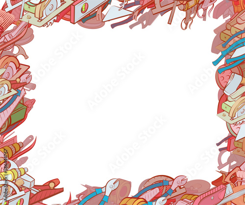 Background pattern abstract design texture. Building tools and Repair. Border frame, transparent background. Theme is about protractor, painting walls, hammer, retainer, paper cutter, nail catcher