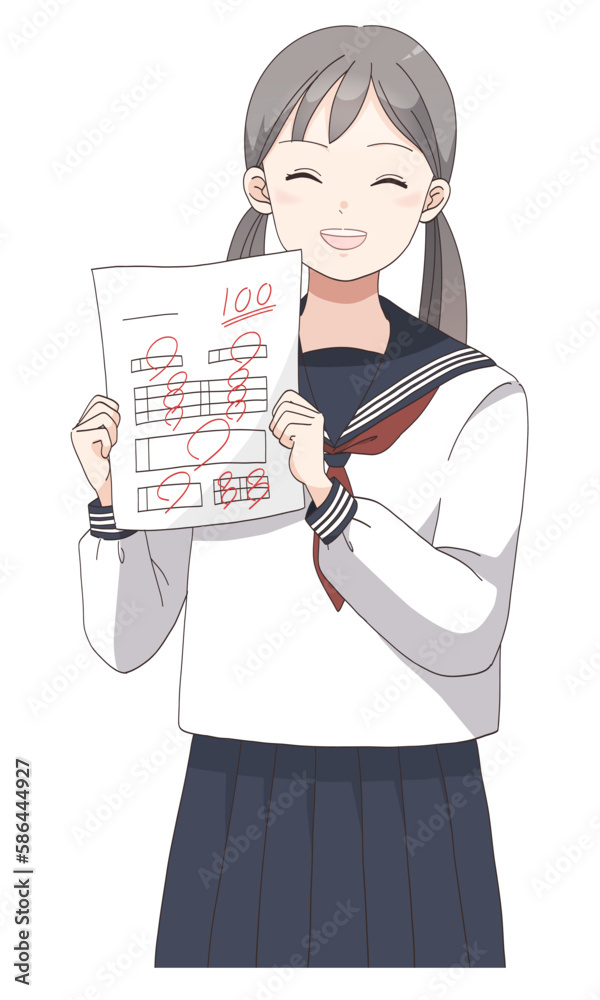 テストで100点満点を取って喜ぶ学生服の女子生徒(ツインテールへア)