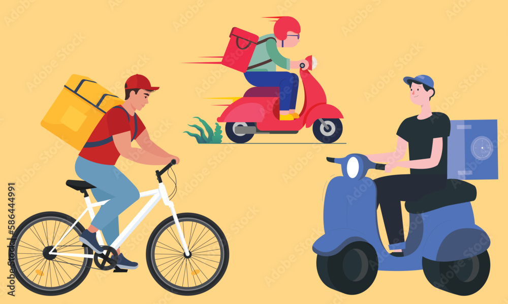 Express delivery service courier on a bicycle, Online delivery service concept delivery man, Take away concept illustration
