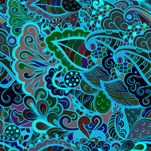 Tracery seamless pattern. Mehndi design. Dark sharp colors. Ethnic doodle texture. Curved doodling background. Vector